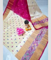 Cream and Deep Pink color uppada pattu handloom saree with all over nakshtra buties with pochampally border design -UPDP0021030