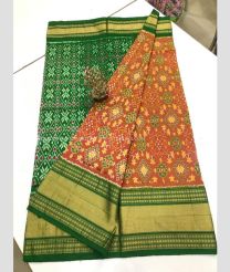 Green and Mahogany color pochampally ikkat pure silk handloom saree with pochampally ikkat design -PIKP0036114