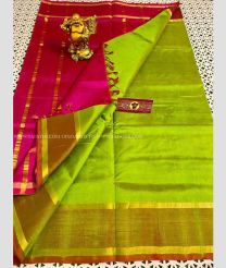 Pink and Parrot Green color Kollam Pattu handloom saree with ikkat weaving border design -KOLP0001000