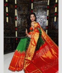 Pine Green and Red color pochampally ikkat pure silk handloom saree with all over checks with ikkat handmade jaquard border design -PIKP0019854