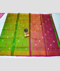 Parrot Green and Pinkish Orange color Uppada Tissue handloom saree with all over tissue nakshthra buties design -UPPI0001429
