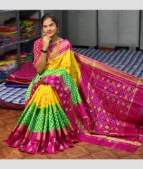 Yellow and Magenta color pochampally ikkat pure silk handloom saree with pochampalli design saree -PIKP0016606