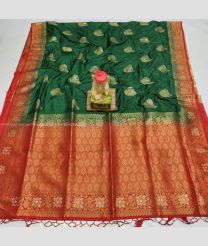 Pine Green and Brown color Kora handloom saree with all over buties design -KORS0000070