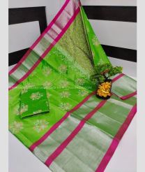 Parrot Green and Pink color Uppada Soft Silk handloom saree with all over flower printed design -UPSF0003289