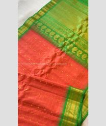 Orange and Green color gadwal pattu handloom saree with temple border saree design -GDWP0000505