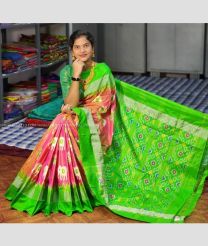 Peach and Parrot Green color pochampally ikkat pure silk handloom saree with all over pochampally design saree -PIKP0016983