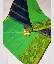 Green and Navy Blue color Tripura Silk handloom saree with plain with big pochampally ikkat border design -TRPP0008513