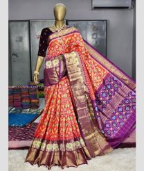 Tomato Red and Purple color pochampally ikkat pure silk handloom saree with pochampalli ikkat design -PIKP0018235