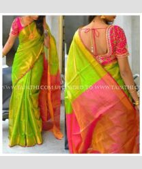 Parrot Green and Pink color Uppada Tissue handloom saree with plain with big border design -UPPI0001259