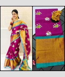 Magenta and Blue Ivy color Uppada Soft Silk handloom saree with all over ikkat design with kaddi border -UPSF0003424