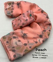 Peach color linen sarees with all over embroidery design with piping border -LINS0003143