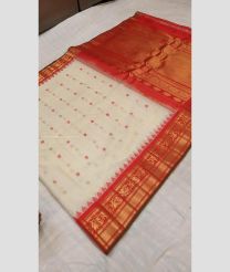Half White and Orange color gadwal sico handloom saree with all over jall checks and buties with temple kuttu border design -GAWI0000644