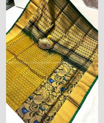 Golden Yellow and Pine Green color uppada pattu sarees with anchulatha border design -UPDP0022095