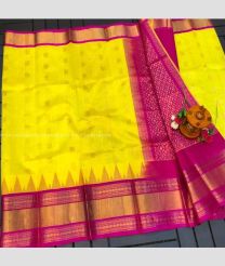 Yellow and Magenta color kuppadam pattu handloom saree with temple border design -KUPP0097107