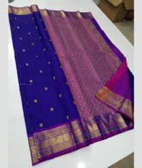 Royal Blue and Magenta color kanchi pattu handloom saree with all over buties with double warp border design -KANP0013583
