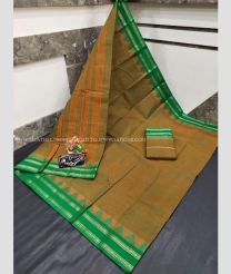 Oak Brown and Medium Teal color mangalagiri pattu handloom saree with temple border design -MAGP0026522