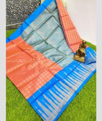 Copper Red and Blue color Chenderi silk handloom saree with all over design -CNDP0015821