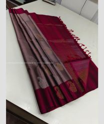 Lite Brown and Crimson color kanchi pattu handloom saree with all over buties with unique border design -KANP0013697
