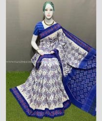 Half White and Blue color pochampally Ikkat cotton handloom saree with All over Marthas Pattern Design-PIKT0000597
