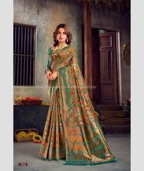 Oak Brown and Turquoise color Banarasi sarees with menakari  with rich pallu with fancy jequard weaving blouse design -BANS0002862
