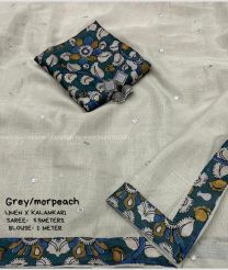 Cream and Blue Ivy color linen sarees with aari mirror work with kalamkar fabric border design -LINS0002996
