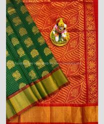 Pine Green and Red color Kollam Pattu handloom saree with all over checks and buties design -KOLP0001017