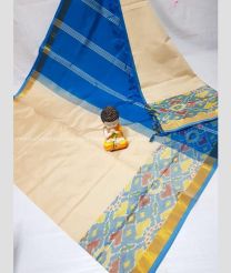 Cream and Blue color Tripura Silk handloom saree with plain with big pochampalli ikkat border design -TRPP0007052