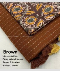 Dark Sienna and Sepia color linen sarees with all over self woven checks and golden pattu border design -LINS0003673