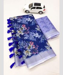 Blue and Lite Lavender color linen sarees with all over digital printed with silver jari border design -LINS0003538