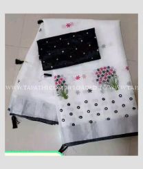White and Black color linen sarees with all over embroidery work design -LINS0003764