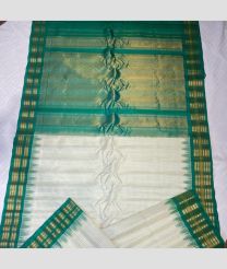 White and Teal color gadwal pattu handloom saree with temple kothakoma kuttu border design -GDWP0001768