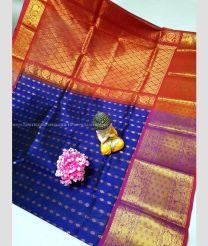 Blue and Red color kuppadam pattu handloom saree with all over buties with kanchi border design -KUPP0096723