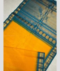 Mango Yellow and Teal color gadwal sico handloom saree with all over small buties with kuthu interlock woven system temple kothakomma design -GAWI0000582