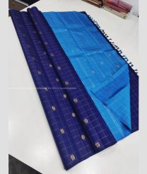 Navy Blue and Blue color kanchi pattu handloom saree with all over checks and buties with 2g pure traditional border design -KANP0013423