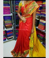 Red and Yellow color uppada pattu handloom saree with pochampally border design -UPDP0021213