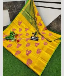 Yellow and Green color Uppada Tissue handloom saree with all over screen printed design -UPPI0001700