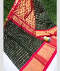 Forest Fall Green and Pink color Chenderi silk handloom saree with all over checks with big border design -CNDP0015846