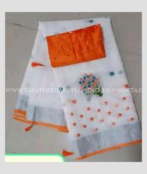 White and Orange color linen sarees with all over embroidery work design -LINS0003763