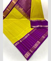 Yellow and Magenta color kuppadam pattu handloom saree with all over jari checks and buties with kuppadam kanchi border design -KUPP0097084