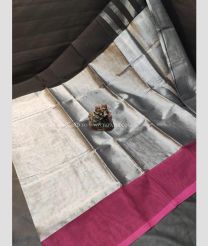 Silver and Magenta color Uppada Cotton handloom saree with all over strips saree design -UPAT0003045
