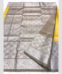 Golden Yellow and Sandstone color venkatagiri pattu handloom saree with all over big silver buties design -VAGP0000786