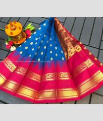 Blue and Pink color Chenderi silk handloom saree with all over buties with temple kuppadam border design -CNDP0016097
