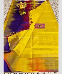 Yellow and Maroon color Kollam Pattu handloom saree with plain with ikkat border design -KOLP0001471
