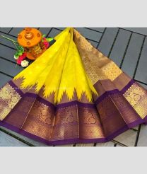 Yellow and Purple color Chenderi silk handloom saree with all over buties with temple kuppadam border design -CNDP0016104