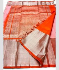 Baby Pink and Orange color venkatagiri pattu handloom saree with all over silver buties design -VAGP0000794