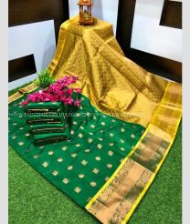 Pine Green and Golden color Chenderi silk handloom saree with all over butties saree design -CNDP0011830