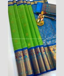 Parrot Green and Blue color kuppadam pattu handloom saree with kanchi border design -KUPP0097138