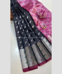 Black and Pink color Chenderi silk sarees with paithani border design -CNDP0016298