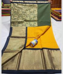 Black and Mustard Yellow color Chenderi silk handloom saree with all over jill checks design -CNDP0012489
