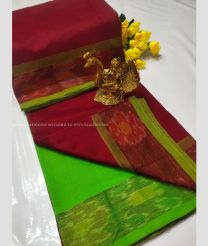 Red and Green color Tripura Silk handloom saree with plain with pochampally border design -TRPP0008491